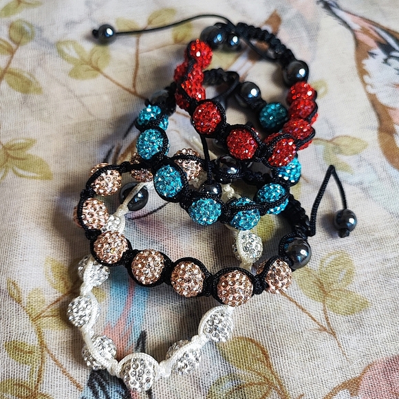 4 Adjustable White & Black Corded Rhinestone Hematite Slide Beaded Bracelets NEW - Picture 2 of 9